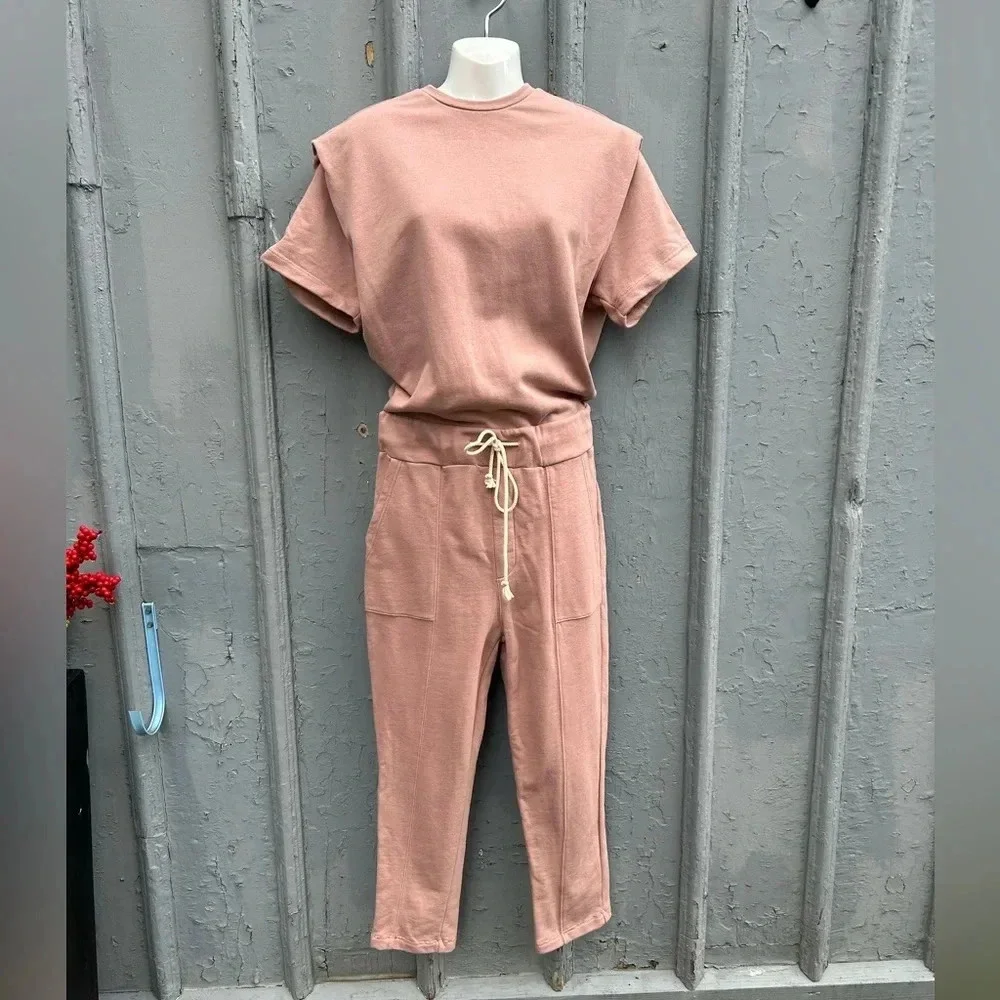 Pistola Clarisse French  Terry Shoulder Pleat Jumpsuit in Cameo Pink, size XS - Picture 4 of 14